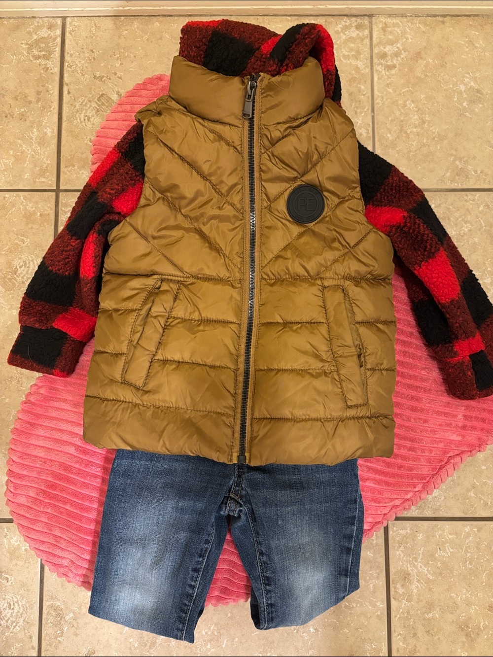 Perry Ellis 2T Olive Puffer Jacket-Red & Black Buffalo Plaid Hoodie